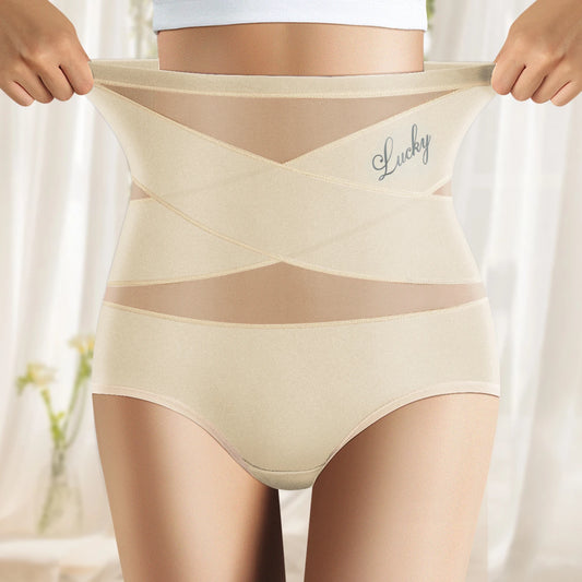 1pcs High Waisted Women's Panties Breathable Mesh Cross Tummy Cinching Ice Silk No Trace Triangle Panties Tummy Tuck Shape