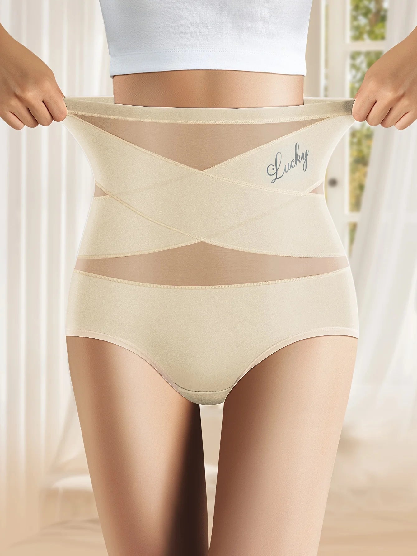 1pcs High Waisted Women's Panties Breathable Mesh Cross Tummy Cinching Ice Silk No Trace Triangle Panties Tummy Tuck Shape